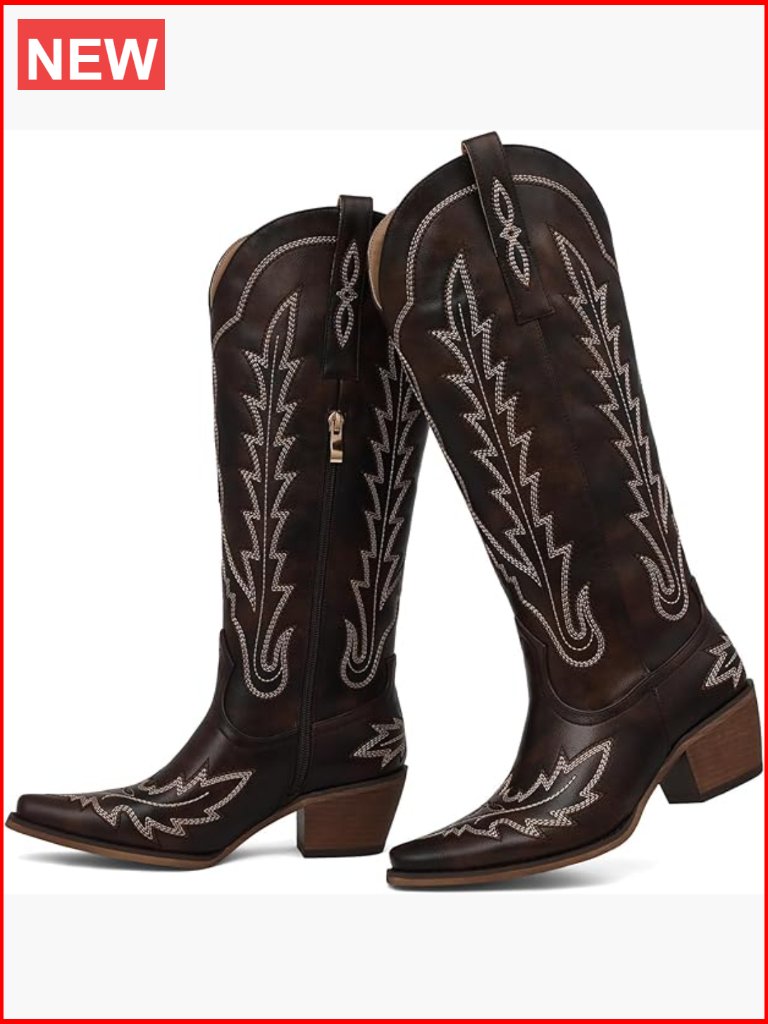 Vintage Cowboy Boots Knee High Pointed Toe Chunky Heel Faux Leather Suede